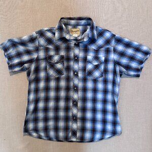 Wrangler Men’s XL Snap Button Western Shirt Blue Plaid Pearl Snap Cowboy